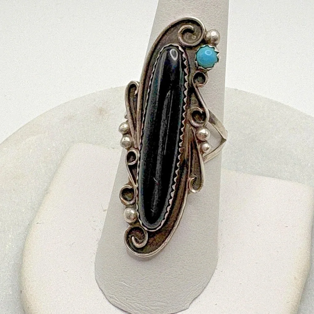 Vintage Navajo Southwest Sterling Silver Onyx Ring 8 Turqoise Knuckle Estate